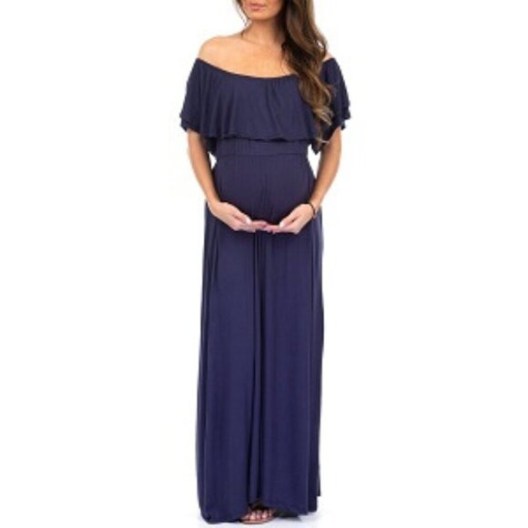 Women's Maternity Open Shoulder Maxi Dress – Size M – Navy Blue – NWT - Picture 1 of 3
